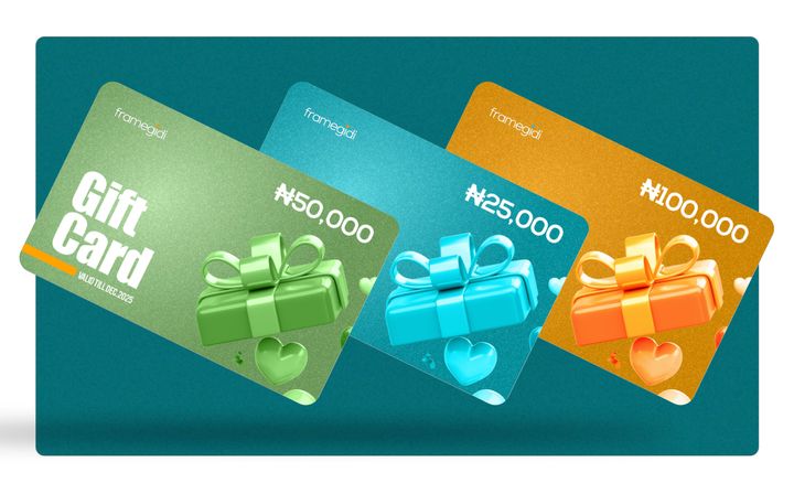 Three custom-framing gift cards in green, blue and orange